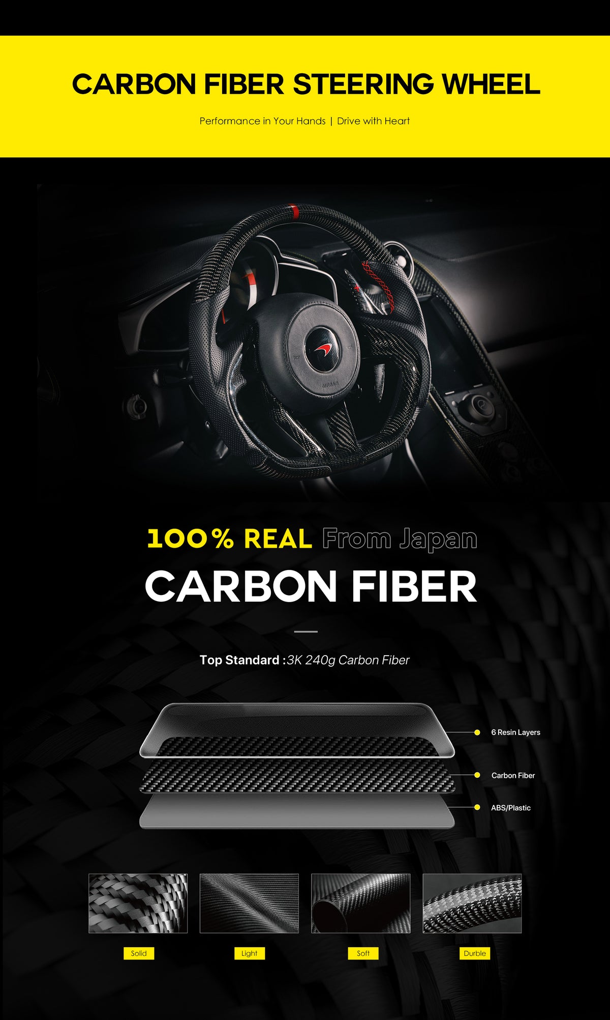 Carbon steering wheel with red stitching in a softly lit dark sports-car interior; supplier design reference
